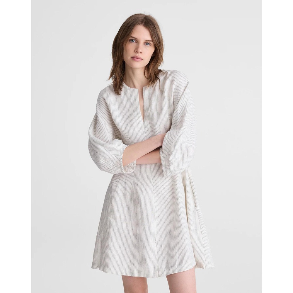 NWT Madewell size 2 Striped 100% Linen Splitneck Dress Mini Long Pleat sleeve